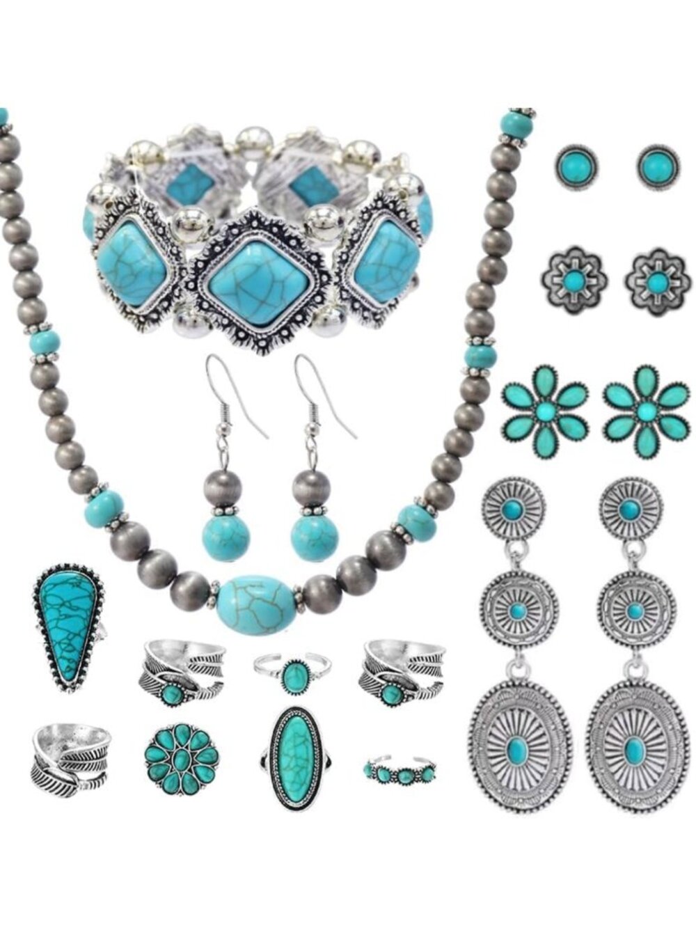15-Piece Boho Turquoise Jewelry Set - Vintage Navajo Pearl Necklace, Earrings